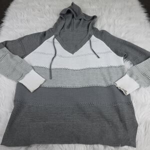 Large Women's Striped Lightweight Hoodie Sweater Grey, White, Open Knit Acrylic